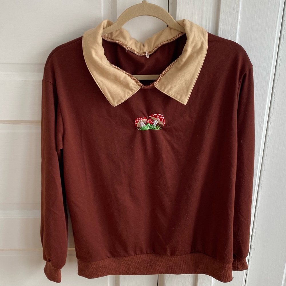 Maroon Mushroom Sweater with Cream Collar